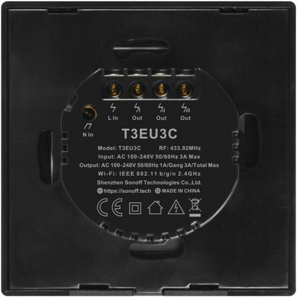 Sonoff T3EU3C-TX Χωνευτός Διακόπτης Τοίχου Wi-Fi για Έλεγχο Φωτισμού με Πλαίσιο και Δύο Πλήκτρα Αφής Φωτιζόμενος Μαύρος - Image 3