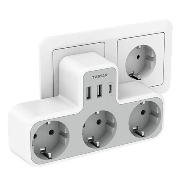 Πολύπριζο Ασφαλείας 6 σε 1 Wall Socket 3xSchuko, 2xUSB, 1xType-C TESSAN TS-323-C